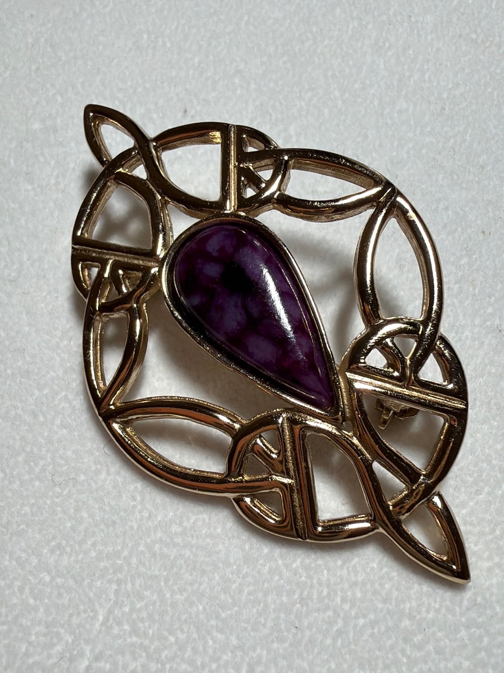 Vintage Celtic Knot Gold Tone Purple Charoite Glass Brooch Pin